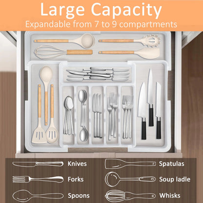 Silverware Organizer Expandable Kitchen Utensil Drawer Organizer with 9 Compartment Large Cutlery Organizer Tray for Forks Knives 13" - 22"W ,14.5" - 19"L