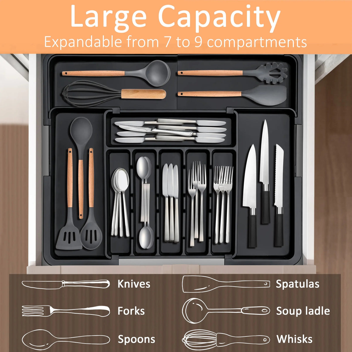Silverware Organizer Expandable Kitchen Utensil Drawer Organizer with 9 Compartment Large Cutlery Organizer Tray for Forks Knives 13" - 22"W ,14.5" - 19"L