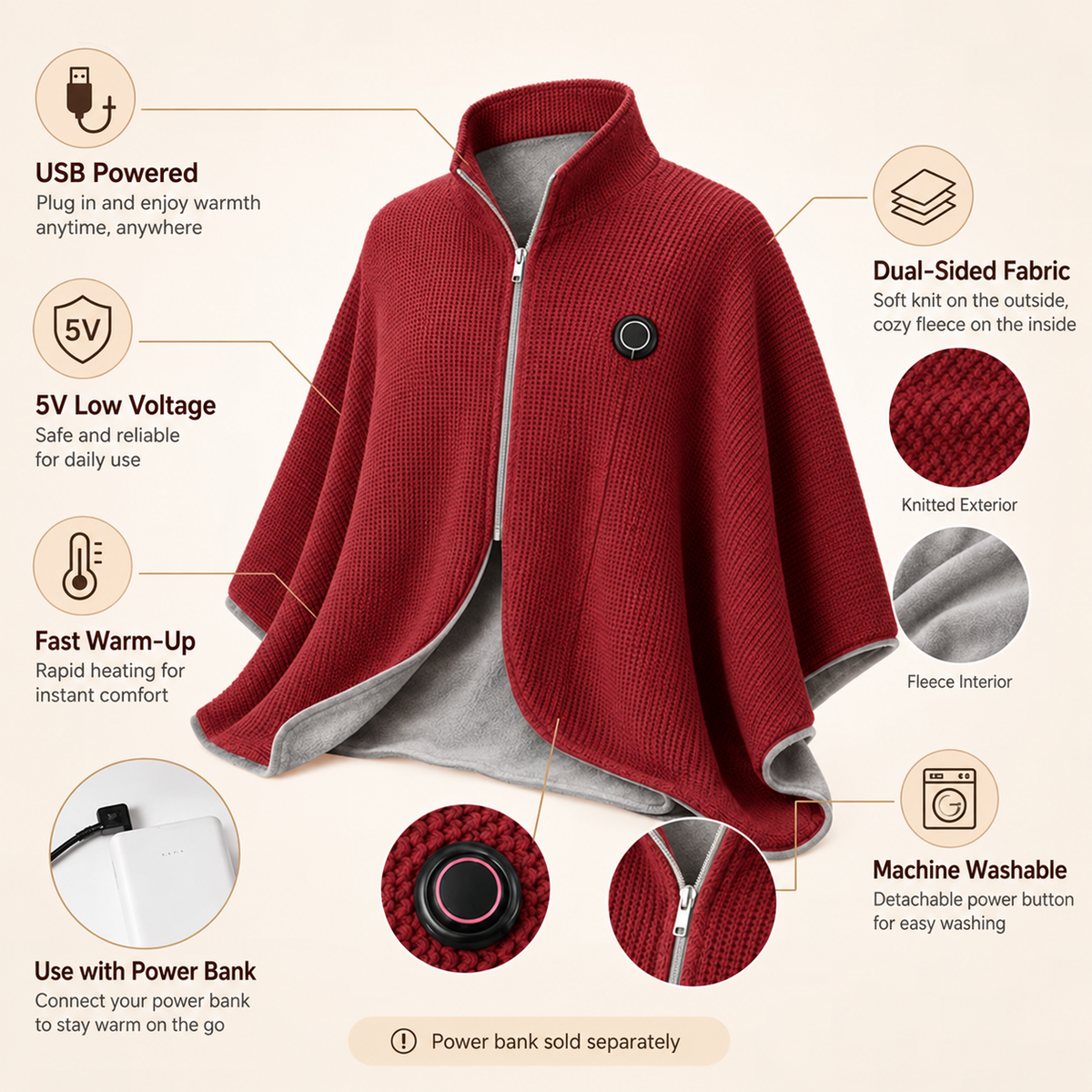 ♨️Heated Warmth Shawl – 8 Heating Zones & 3 Heat Levels