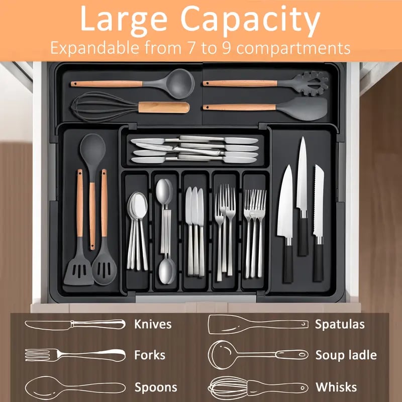 Silverware Organizer Expandable Kitchen Utensil Drawer Organizer with 9 Compartment Large Cutlery Organizer Tray for Forks Knives 13" - 22"W ,14.5" - 19"L