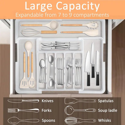 Silverware Organizer Expandable Kitchen Utensil Drawer Organizer with 9 Compartment Large Cutlery Organizer Tray for Forks Knives 13" - 22"W ,14.5" - 19"L