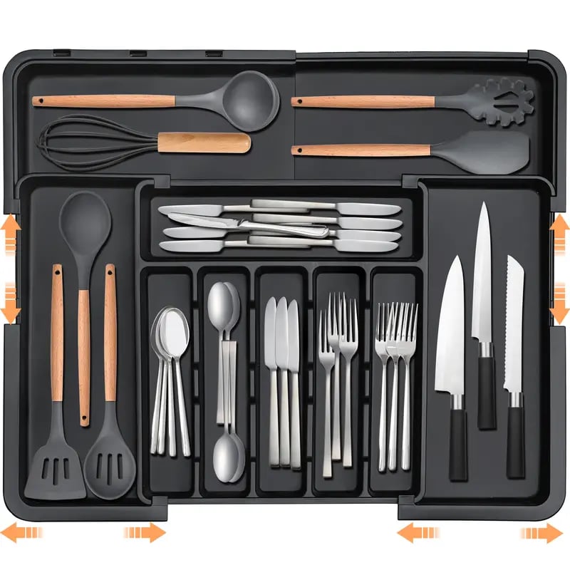 Silverware Organizer Expandable Kitchen Utensil Drawer Organizer with 9 Compartment Large Cutlery Organizer Tray for Forks Knives 13" - 22"W ,14.5" - 19"L