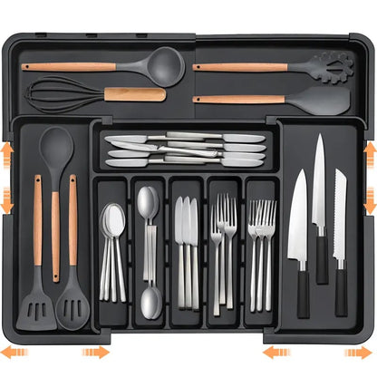 Silverware Organizer Expandable Kitchen Utensil Drawer Organizer with 9 Compartment Large Cutlery Organizer Tray for Forks Knives 13" - 22"W ,14.5" - 19"L