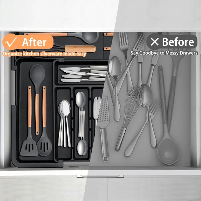 Silverware Organizer Expandable Kitchen Utensil Drawer Organizer with 9 Compartment Large Cutlery Organizer Tray for Forks Knives 13" - 22"W ,14.5" - 19"L
