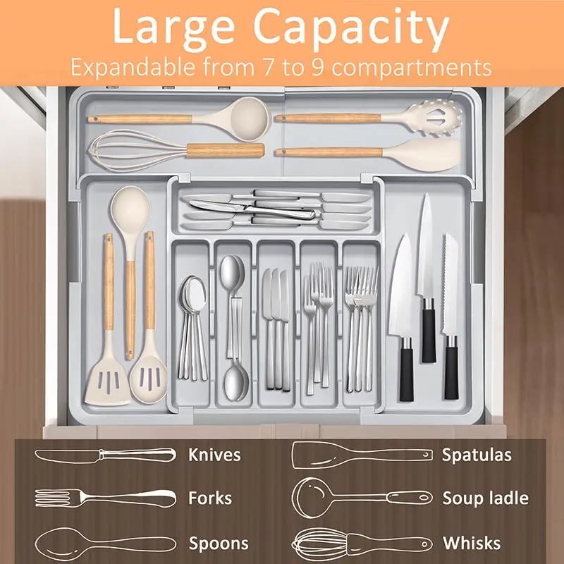 Silverware Organizer Expandable Kitchen Utensil Drawer Organizer with 9 Compartment Large Cutlery Organizer Tray for Forks Knives 13" - 22"W ,14.5" - 19"L