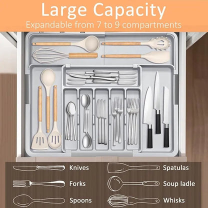 Silverware Organizer Expandable Kitchen Utensil Drawer Organizer with 9 Compartment Large Cutlery Organizer Tray for Forks Knives 13" - 22"W ,14.5" - 19"L