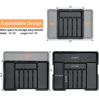 Silverware Organizer Expandable Kitchen Utensil Drawer Organizer with 9 Compartment Large Cutlery Organizer Tray for Forks Knives 13" - 22"W ,14.5" - 19"L