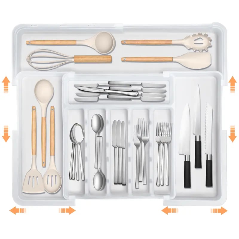 Silverware Organizer Expandable Kitchen Utensil Drawer Organizer with 9 Compartment Large Cutlery Organizer Tray for Forks Knives 13" - 22"W ,14.5" - 19"L