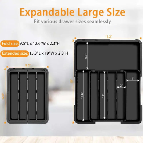 Silverware Organizer Expandable Kitchen Utensil Drawer Organizer with 9 Compartment Large Cutlery Organizer Tray for Forks Knives 13" - 22"W ,14.5" - 19"L